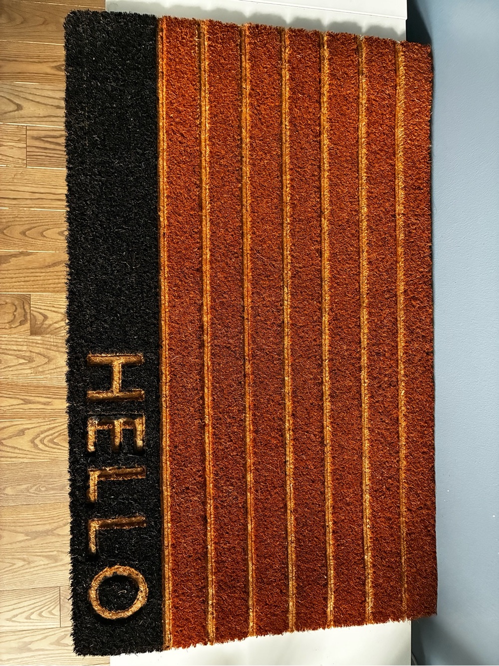 HELLO Striped Black and Rust Coir Doormat